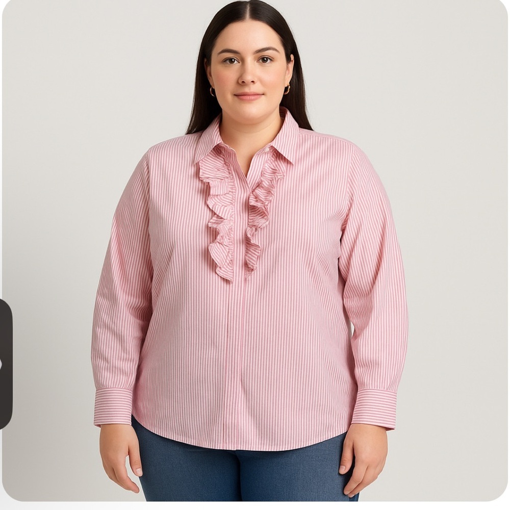 * Lane Bryant Pink Stripe Ruffle Button Down Blouse Size 16 Hidden Placket Top